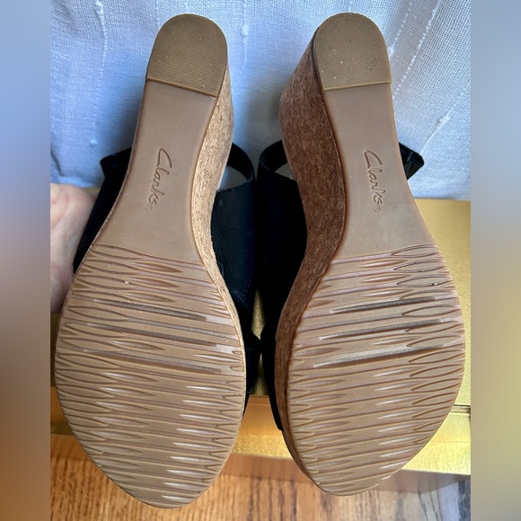 Clarks Annadel Ivory Cork Wedge 3" Platform Heel Black Leather Sandals - Picture 7 of 8